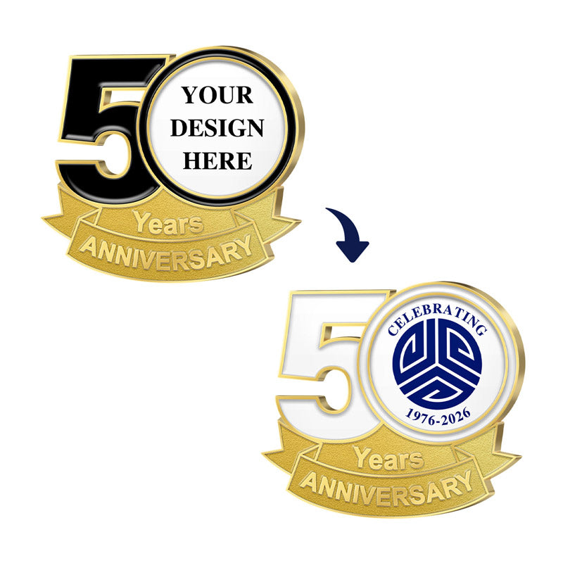 Anniversary Pins in Gold Featuring Before-And-After Customization Layout With Black Number 5 and Gold YEARS ANNIVERSARY Ribbon Showcasing Transition From YOUR DESIGN HERE Template To Applied Custom Logo And Years 1976-2026 Text For Custom Brand Commemoration