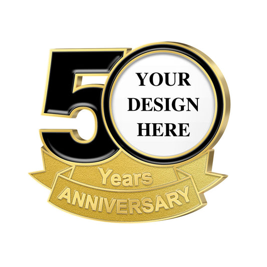 Anniversary Pins in Gold Featuring 3D Raised Design With Prominent Black Number 50 With Central White Circle Within The Zero Featuring Custom Text YOUR DESIGN HERE And Lower Gold Ribbon With YEARS ANNIVERSARY Text For 50th Year Brand Commemoration And Celebration