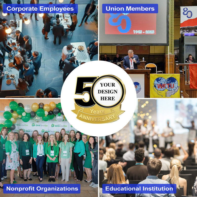 Anniversary Pins Customizable Gold Design For 50 Years Anniversary Featuring Central 50 YOUR DESIGN HERE Years ANNIVERSARY Emblem Showcasing Four Application Scenes For Corporate Employees Union Members Nonprofit Organizations And Educational Institutions For Versatile Customization And Organizational Recognition
