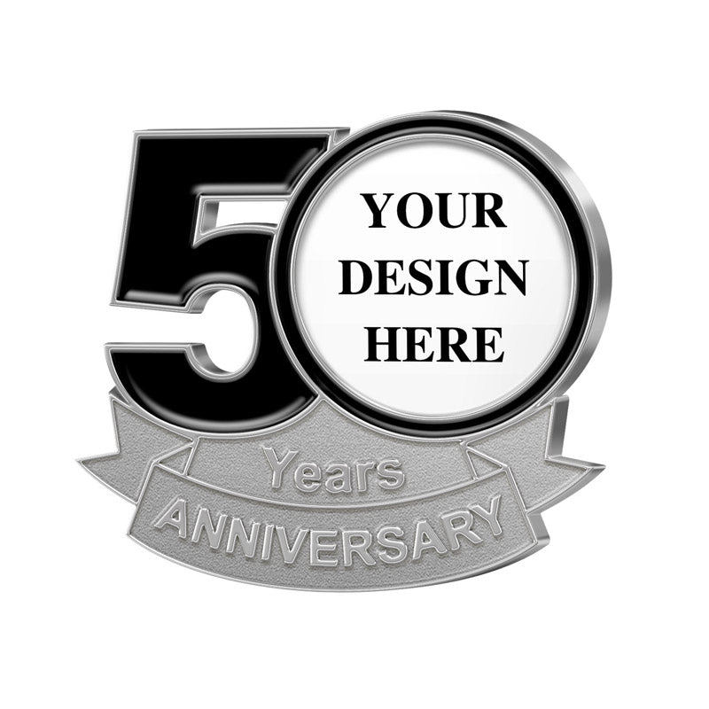 Anniversary Pins in Silver Featuring Prominent Black Number 50 With Central White Circle Within The Zero Featuring Custom Text YOUR DESIGN HERE And Lower Gray Ribbon With YEARS ANNIVERSARY Text For 50th Year Brand Commemoration And Celebration