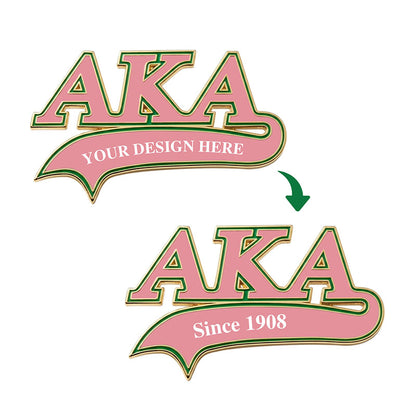 Before and after custom Greek lapel pin design featuring personalized charter text on pink background.