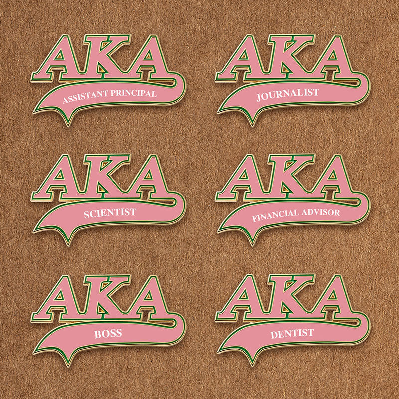 Custom AKA pins personalized with various professions like scientist, journalist, and dentist.