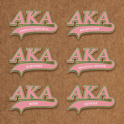 Custom AKA pins personalized with various professions like scientist, journalist, and dentist.