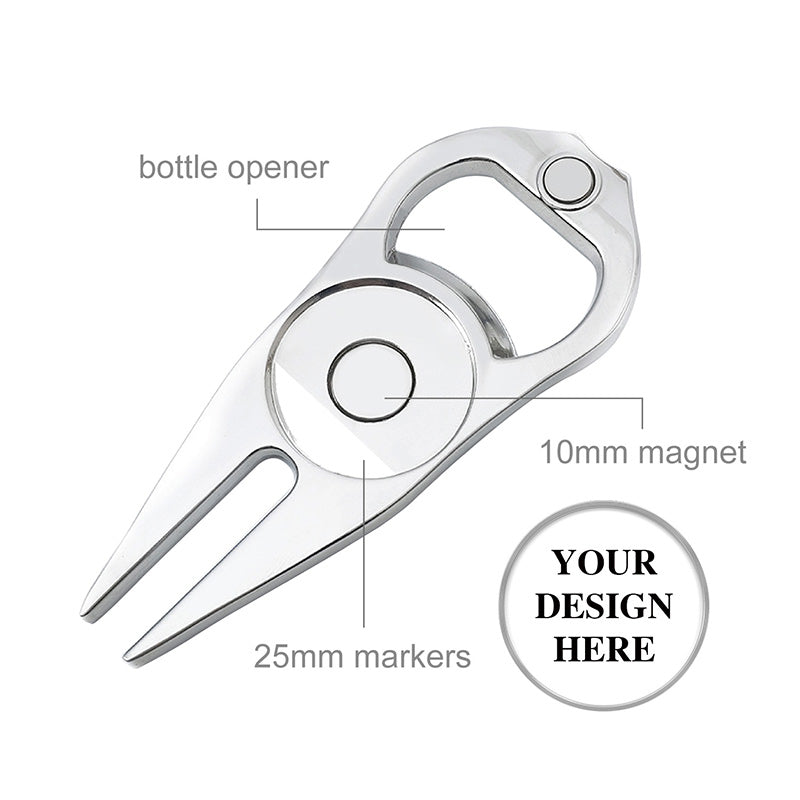  Silver personalized golf divot tool with integrated bottle opener, 10mm magnet, and divot repair forks, featuring a 25mm area for interchangeable custom golf ball markers 