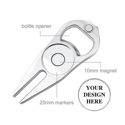  Silver personalized golf divot tool with integrated bottle opener, 10mm magnet, and divot repair forks, featuring a 25mm area for interchangeable custom golf ball markers 