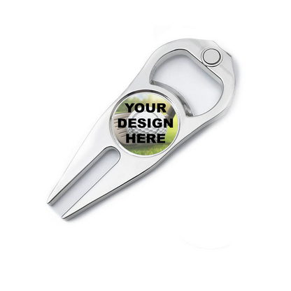 Silver personalized golf divot tool with integrated bottle opener and fork head, featuring a circular custom text area showing placeholder text  for customization