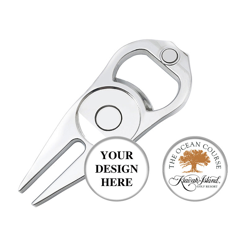 Silver personalized golf divot tool with integrated bottle opener and fork, featuring circular custom text areas showing examples