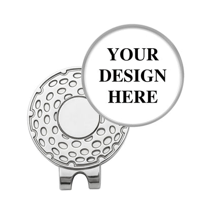 Silver personalized golf ball marker hat clip with patterns and blank area for custom design, featuring placeholder text