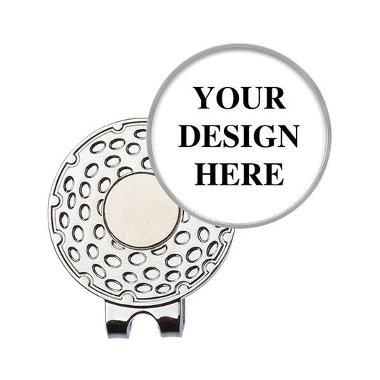 Silver personalized golf ball marker hat clip with patterns and blank area for custom design, featuring placeholder text