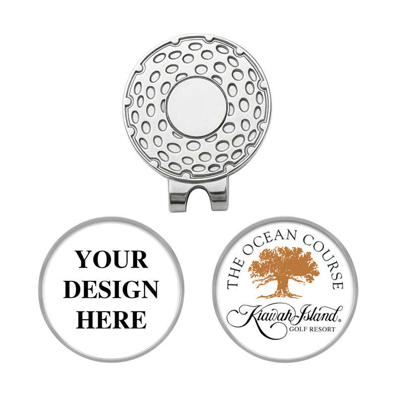Personalized golf ball marker hat clip with a silver design, featuring a customizable area showing example text 