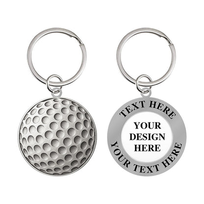 Silver personalized golf keychain showing both sides, featuring a textured golf ball design on the front and a circular back with placeholder text for custom text and design