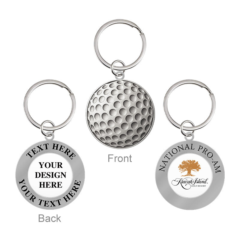 Personalized silver golf keychain showing both sides: front with textured golf ball dimple design and back with placeholder text for customization, alongside a finished example with custom text and a tree motif
