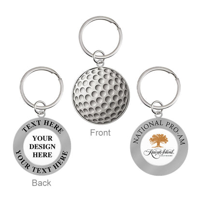 Personalized silver golf keychain showing both sides: front with textured golf ball dimple design and back with placeholder text for customization, alongside a finished example with custom text and a tree motif