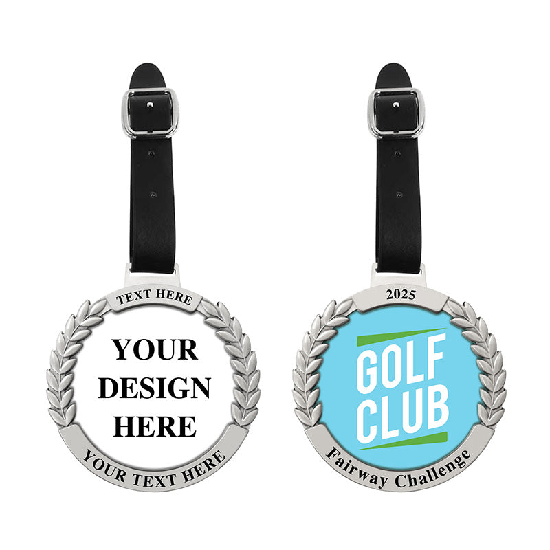 Two personalized golf bag tags with custom text, featuring a circular metal design showing a template on the left and a finished example on the right with blue elements