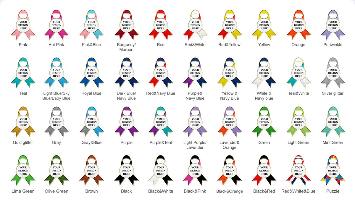 Enamel color options for Yearpins® custom ribbon pins, showcasing a variety of vibrant enamel finishes for personalized designs