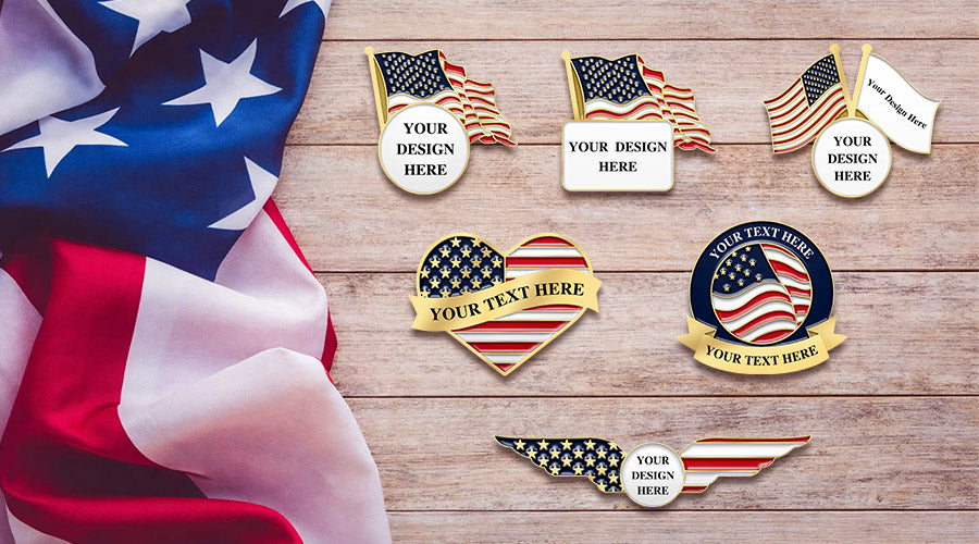 Patriotic Pins Showcasing Six Distinct American Flag Design Styles Including Flag Heart Round And Wing Shapes On Light Wooden Background With A Waving US Flag And Featuring Custom Text For Custom Commemoration And Brand Recognition
