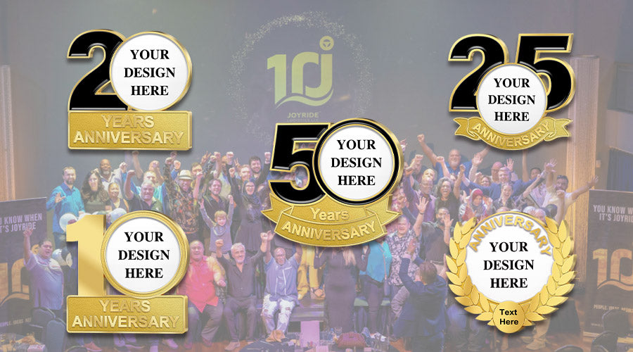 Anniversary Pins Showcasing Customizable Design Series For 1 5 10 And 25 Years In Gold And Black With YOUR DESIGN HERE Text Against A Celebratory Crowd Scene With JOYRIDE Branding For Employee Recognition And Corporate Milestone Commemoration