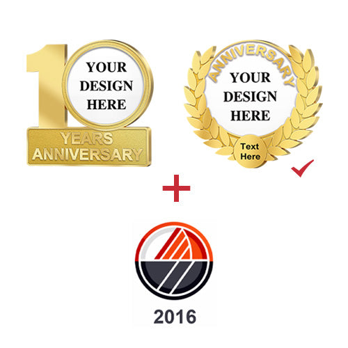 Anniversary Pins Customizable Design Templates Showcasing Golden Number 1 and Laurel Wreath Concepts Connected by Brand Logo Integration For Custom Branding And Milestone Commemoration