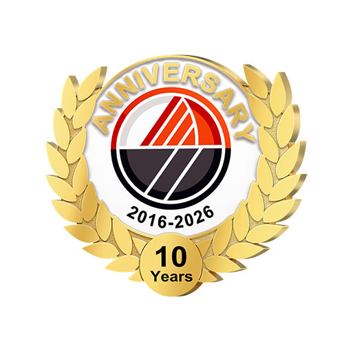 Anniversary Pins in Gold With 3D Laurel Wreath Border Featuring a Red White and Black Dynamic Arrow Design With Custom Text ANNIVERSARY 2016-2026 And 10 Years For Milestone Commemoration And Corporate Recognition