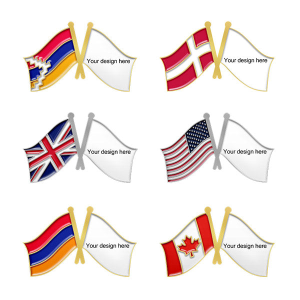 Friendship Flag Pins Collection Showcasing Six Customizable Silver Design Pairs Featuring Crossed National Flags and Blank Fields with Custom Text For International Friendship and Partnership Recognition