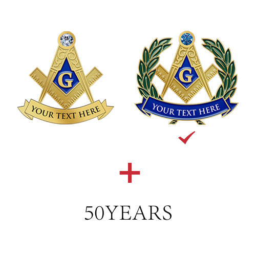 Masonic Pins Design Selection Step One Showcasing Two Gold Badge Options With Compass Square Blue Diamond G Symbol and Green Laurel Wreath Accents Featuring Custom Text For 50th Anniversary Commemoration