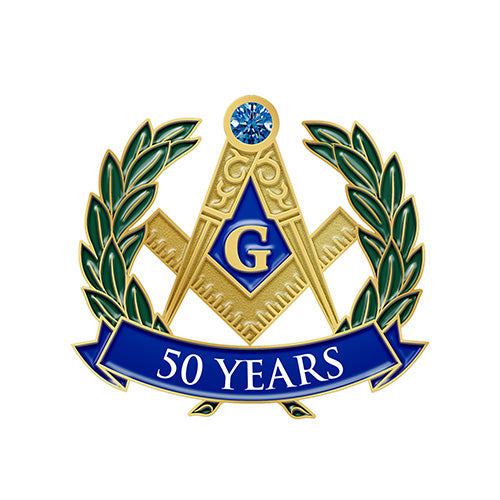 Masonic Pins in Gold with 3D Raised Compass and Square Emblem Set with Blue Gemstone, Flanked by Olive Branches, and Featuring Custom Text "G" and "50 YEARS" on Blue Ribbon