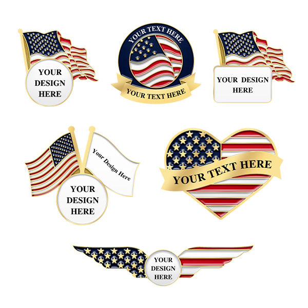 Patriotic Lapel Pins Collection Showcasing Six Distinct Customizable Design Templates Featuring American Flag Elements In Red White And Blue With Gold Accents And Custom Text YOUR TEXT HERE Areas For Custom Brand Commemoration And Organizational Recognition