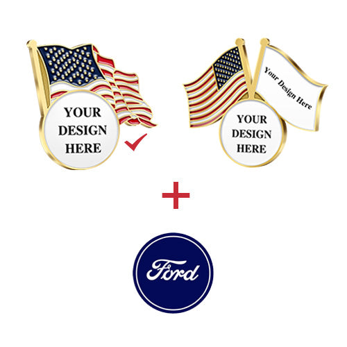 Patriotic Pins in Gold Showcasing Two Design Versions With American Flag and Blank Flag on Poles Featuring Custom Text and Connected to Ford Logo for Brand Partnership and Promotional Recognition
