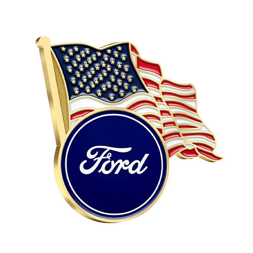 Patriotic Lapel Pin Design Featuring Dynamic Waving American Flag With Gold Pole And Circular Ford Logo With Gold Border In Red White And Blue Color Scheme On Diagonal Layout For Brand Partnership And Custom Recognition