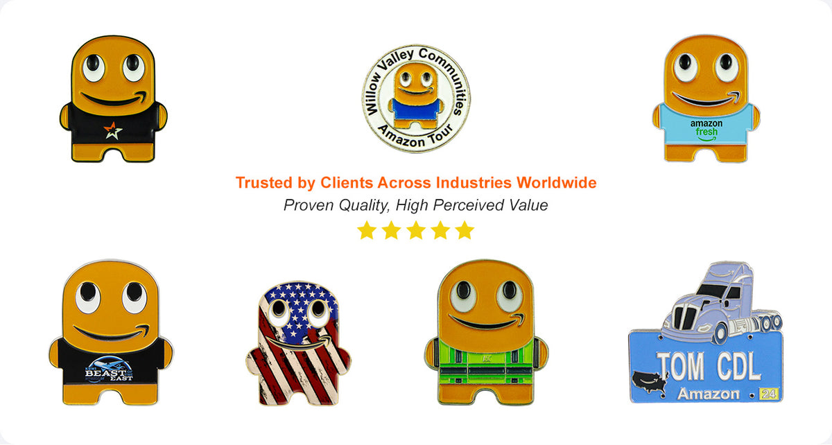 Peccy Pins Case Study Showcasing Cartoon Character Badges Including Orange Figure American Flag and Truck Emblems Featuring Text For Amazon Fresh Beast East and Tom CDL Demonstrating Trusted Quality and High Perceived Value Across Industries Worldwide For Brand Recognition