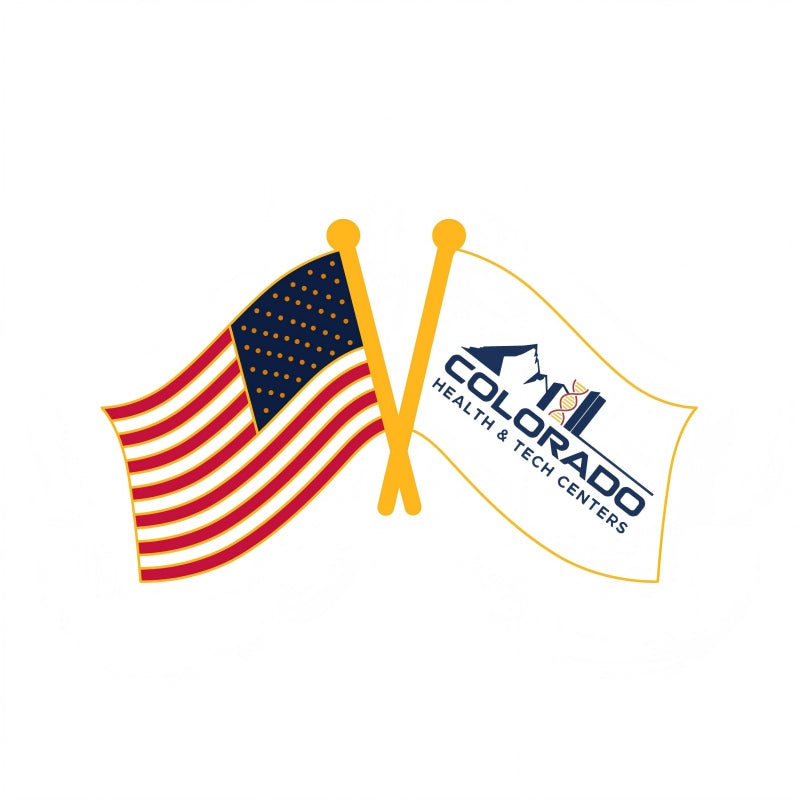 Rush Pin Design Proof Showcasing A Crossed Flag Concept Featuring The American Flag And A White Blue Design With COLORADO HEALTH TECH CENTERS Text Mountain And Molecular Structure Icons For Professional Institutional Recognition And Commemoration