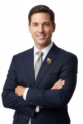 Service Pins Application In Professional Sports Showcasing Barcelona FC Head Coach In Official Suit Wearing Team Crest Badge On Lapel For Professional Authority And Team Identity Recognition