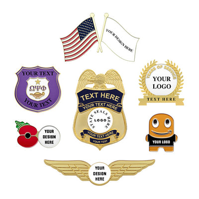 Collection of semi customizable pins with pilot wings, peccy, poppy, service, etc.