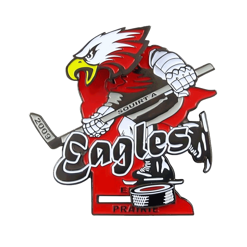 Custom hockey slider GIF trading pin with a red eagle mascot, featuring an element that slides along a track groove, with custom team text.