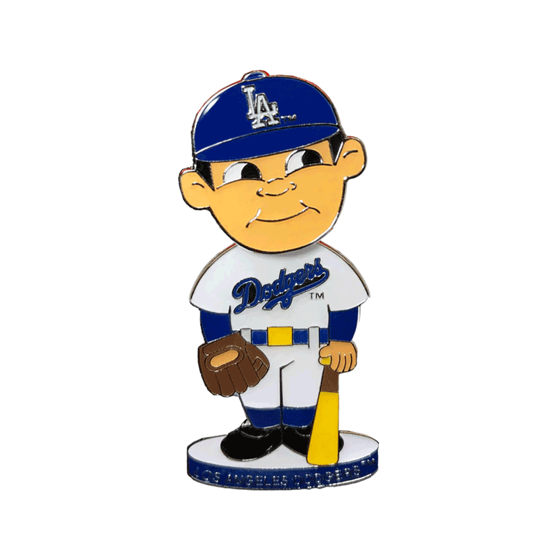 Custom bobble-head trading pin GIF featuring a cartoon Dodgers baseball player with a swaying head, wearing a blue LA cap and holding a bat, with custom text.