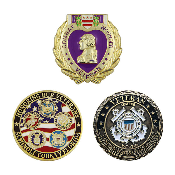 Three veteran-themed custom coins in purple heart and other designs