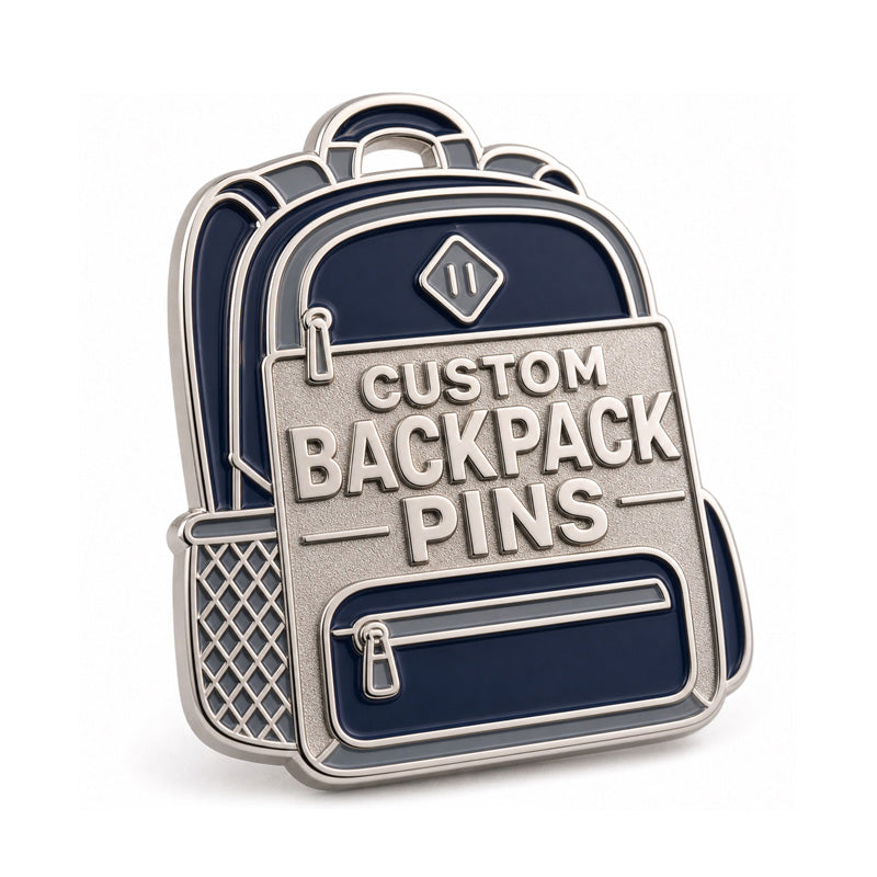 Close up of backpack pins with detailed enamel artwork, clean metal edges, and custom pin craftsmanship