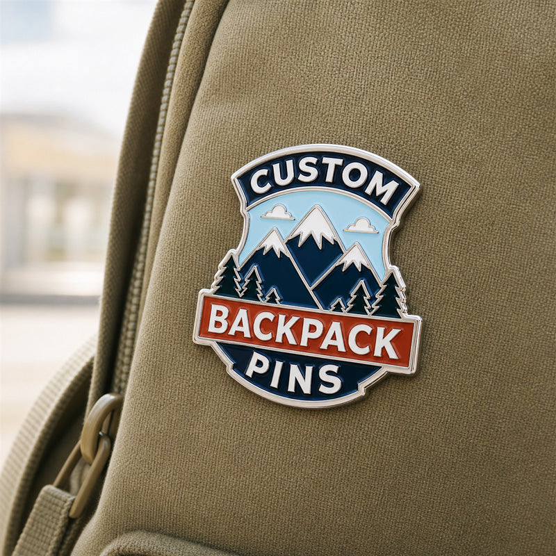 Backpack pins styled on bags and casual accessories for schools, clubs, events, and everyday collections