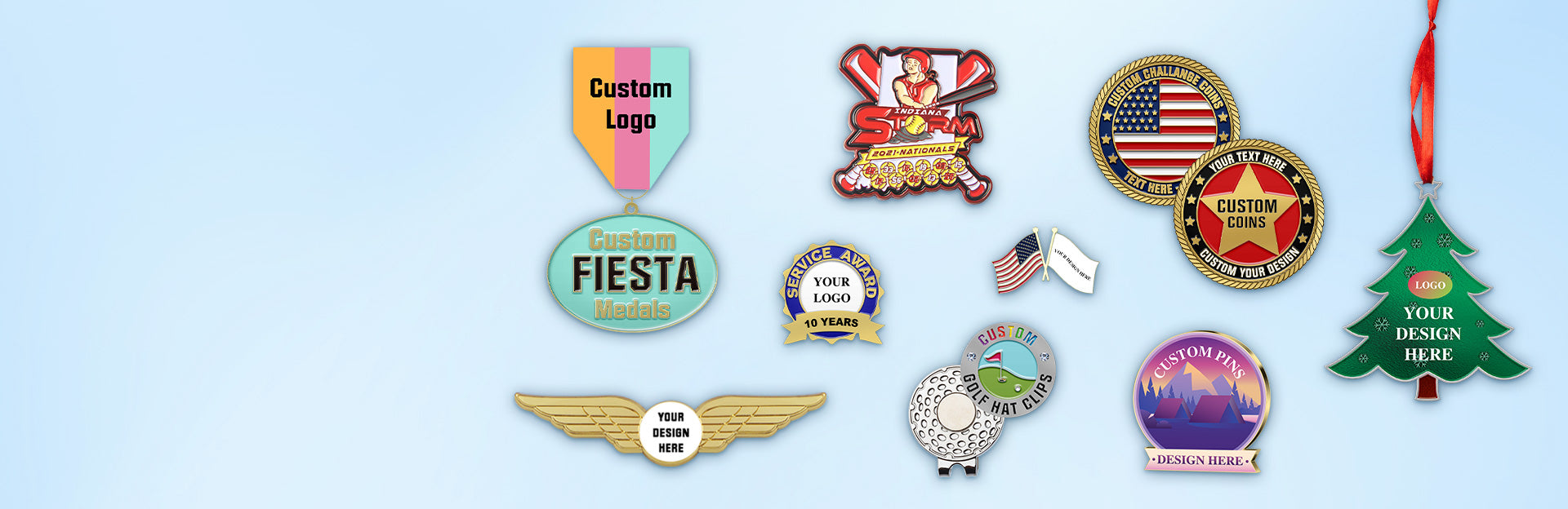 Vibrant banner featuring a diverse collection of Fiesta Medals and Custom Golf Accessories for corporate branding