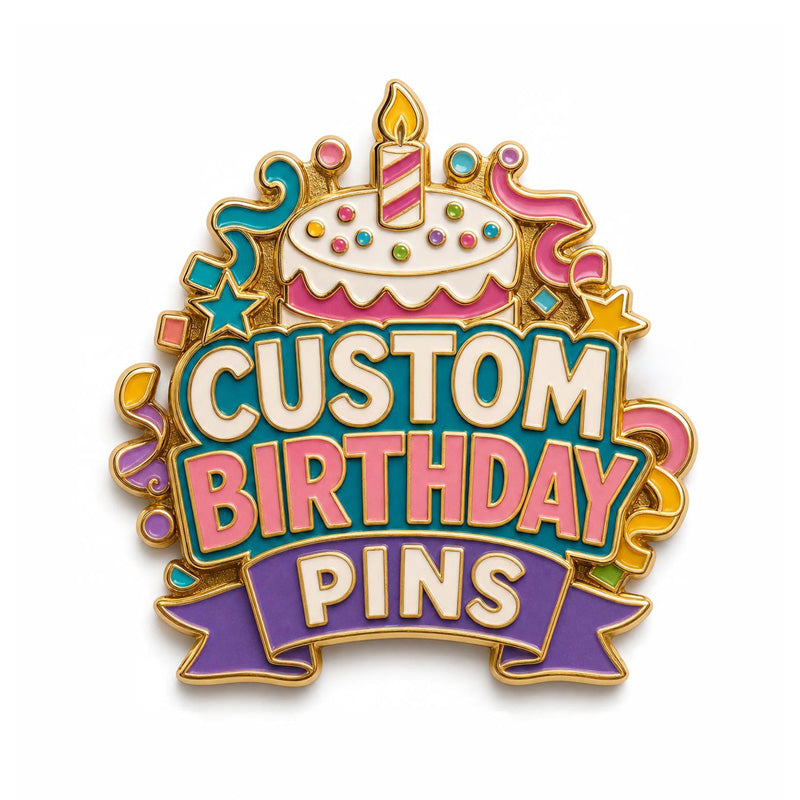 Additional custom birthday pin design showing playful enamel artwork, polished metal details, and personalized celebration style
