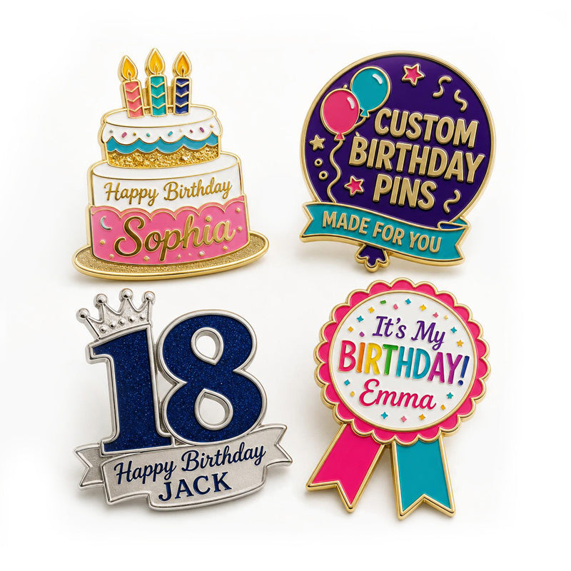 Collection of custom birthday pins showing different enamel designs, metal finishes, and personalized party pin options