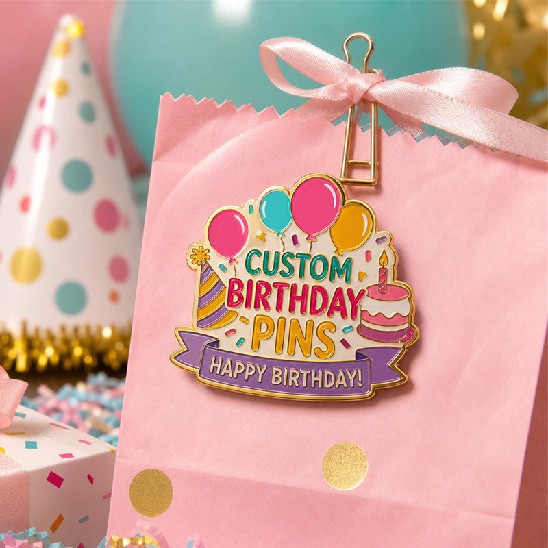 Custom birthday pins styled for party outfits, celebration gifts, event favors, and personalized birthday accessories