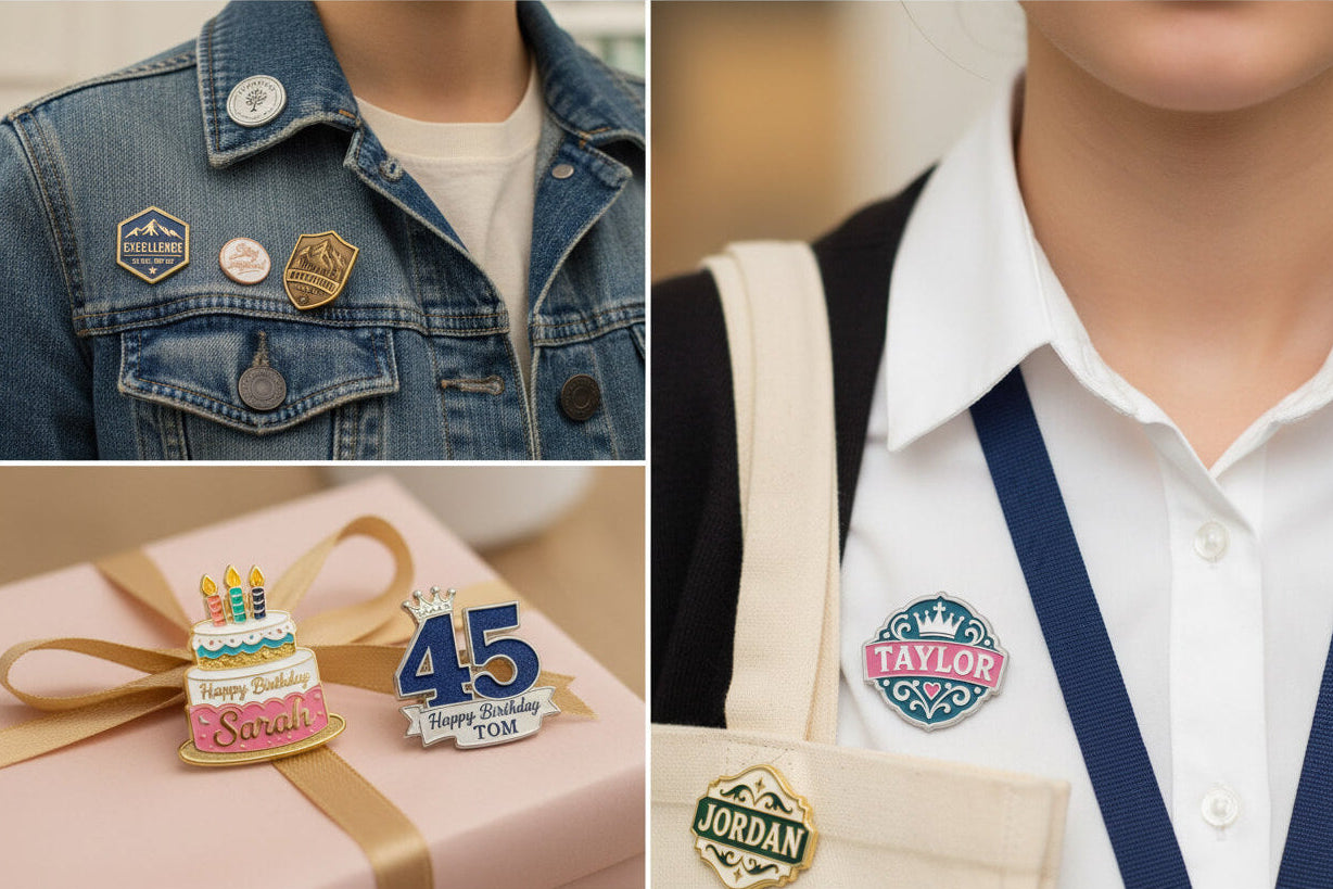 Custom memorial pins displayed in real-life scenes including denim jacket lapels, birthday gift box presentations, and shirt collar attire.