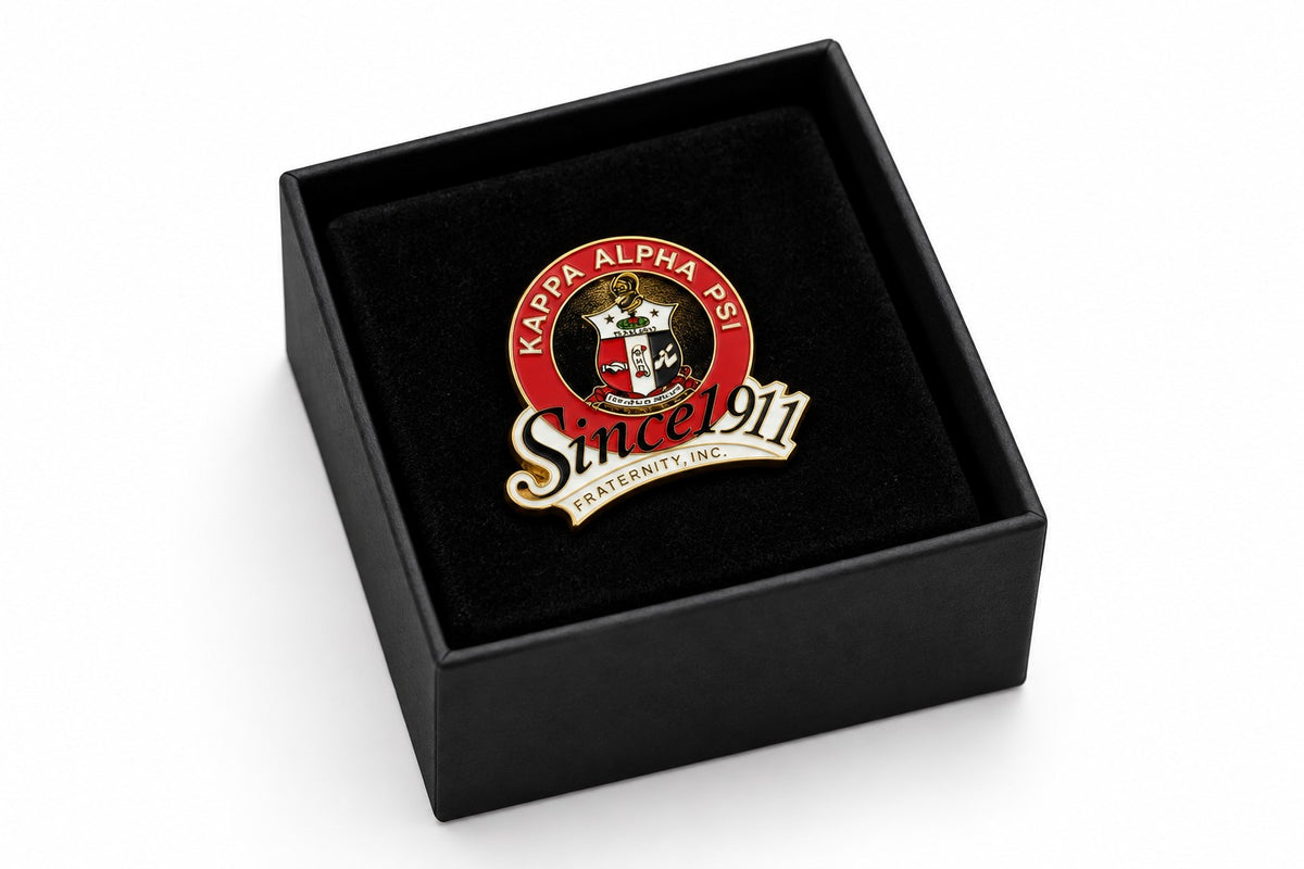 Kappa Alpha Psi Since 1911 crest pin delivered in open black velvet gift box
