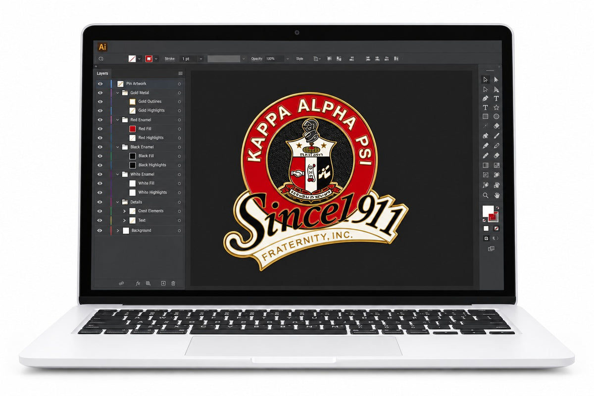 Review custom Kappa Alpha Psi crest pin digital proof in Illustrator