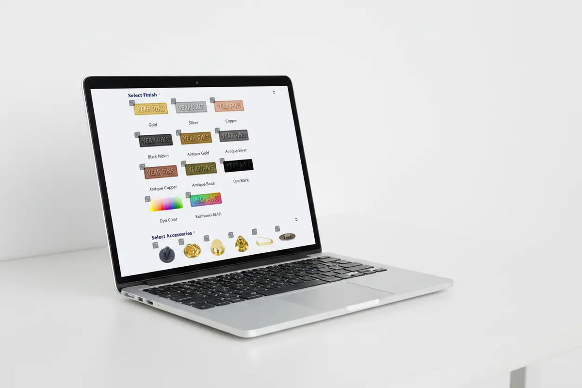 Laptop screen displaying custom lapel pin finish options and backing attachment choices