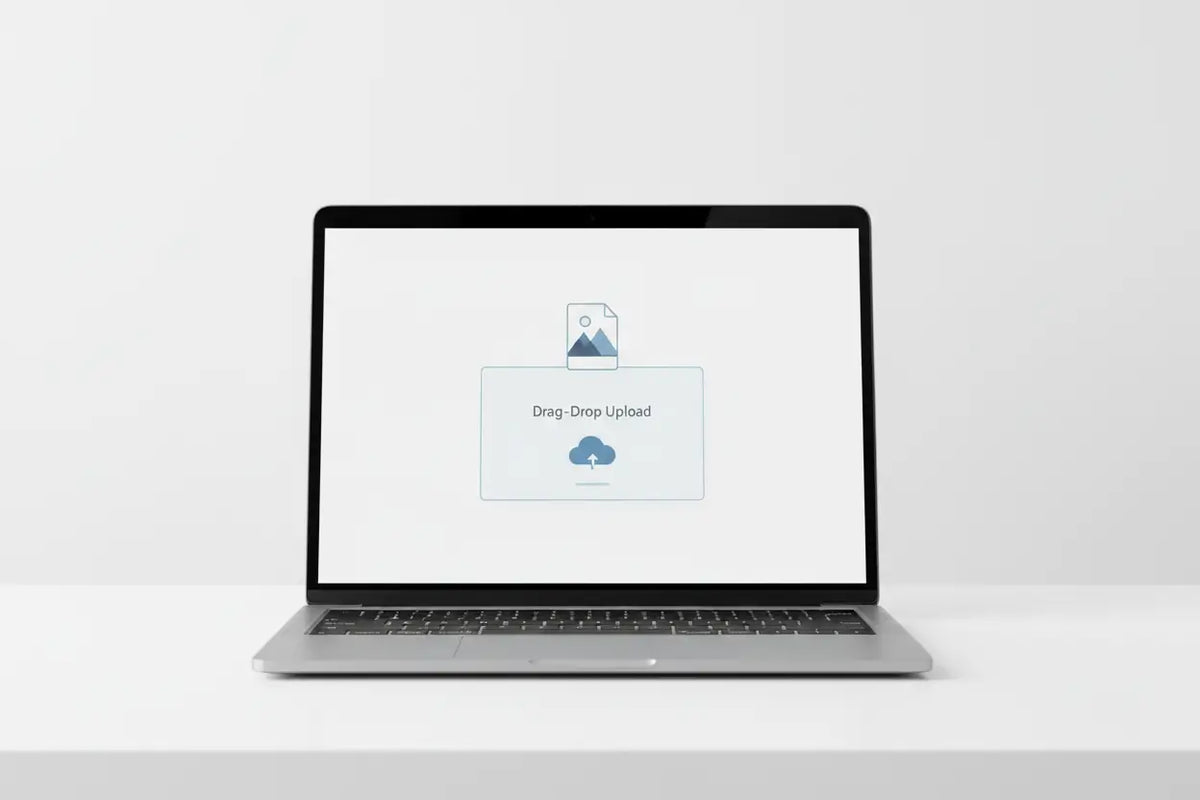 Laptop screen showing drag-and-drop file upload for custom pin designs