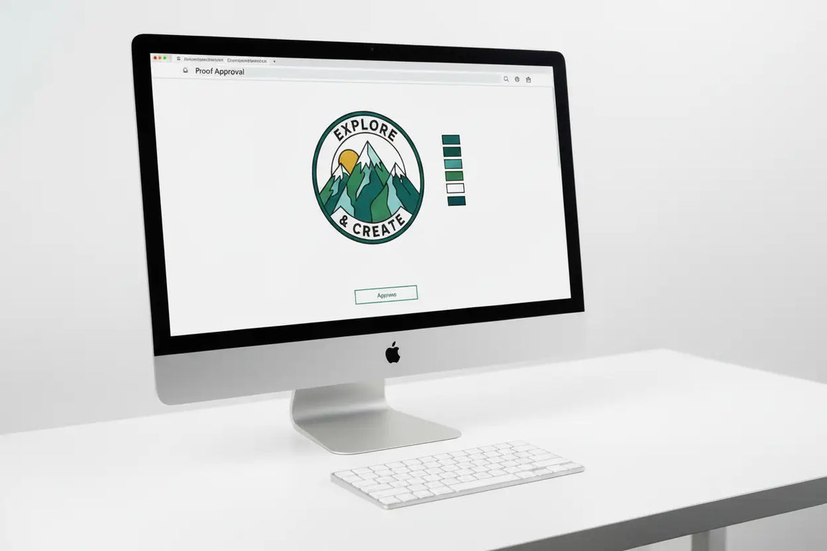 Desktop computer screen displaying a digital design proof and color artwork for custom pins