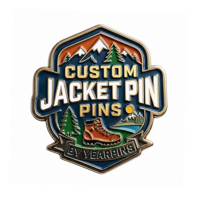 Additional custom jacket pin design showing polished metal details, enamel colors, and wearable apparel pin style