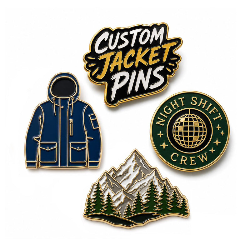 Collection of custom jacket pins showing enamel artwork styles, metal finishes, and creative apparel pin designs